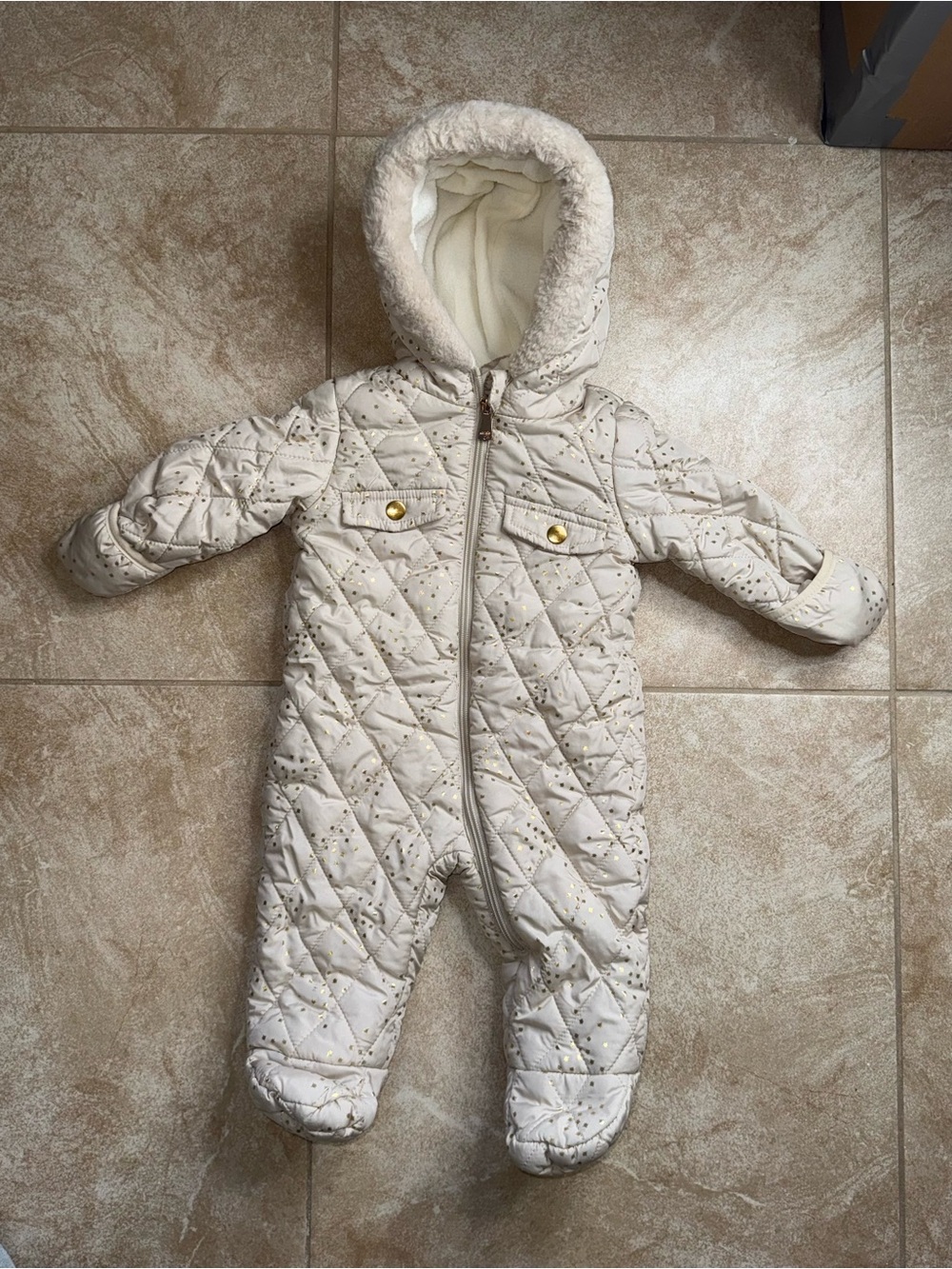 Kensie Girl Cream Quilted Hooded Baby One-Piece with Gold Accents